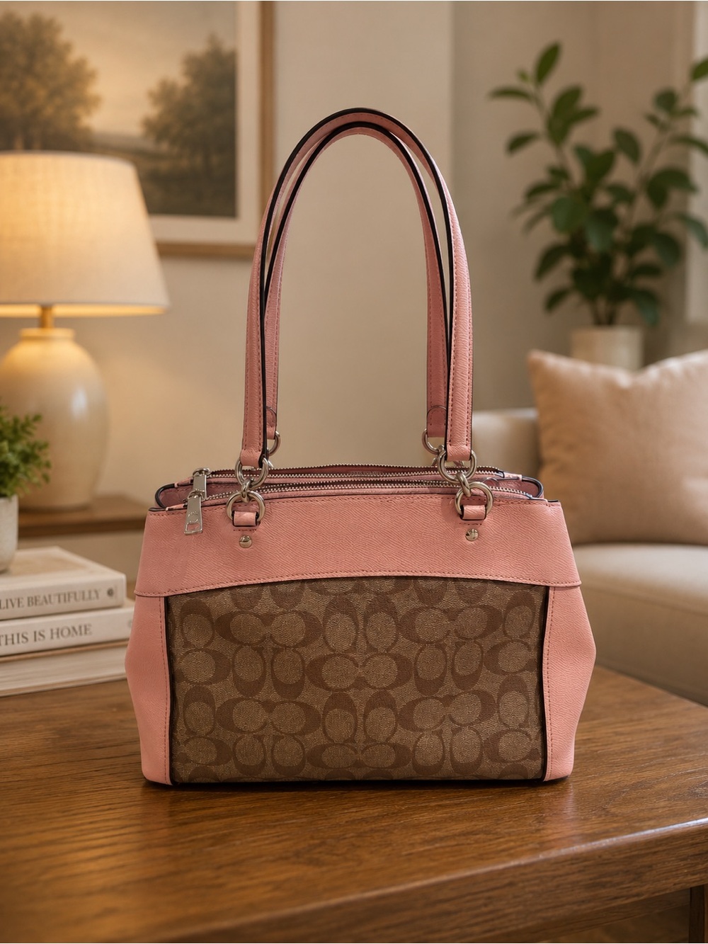 Coach Pink Signature Canvas & Leather Shoulder Bag LIKE NEW - Picture 2 of 3